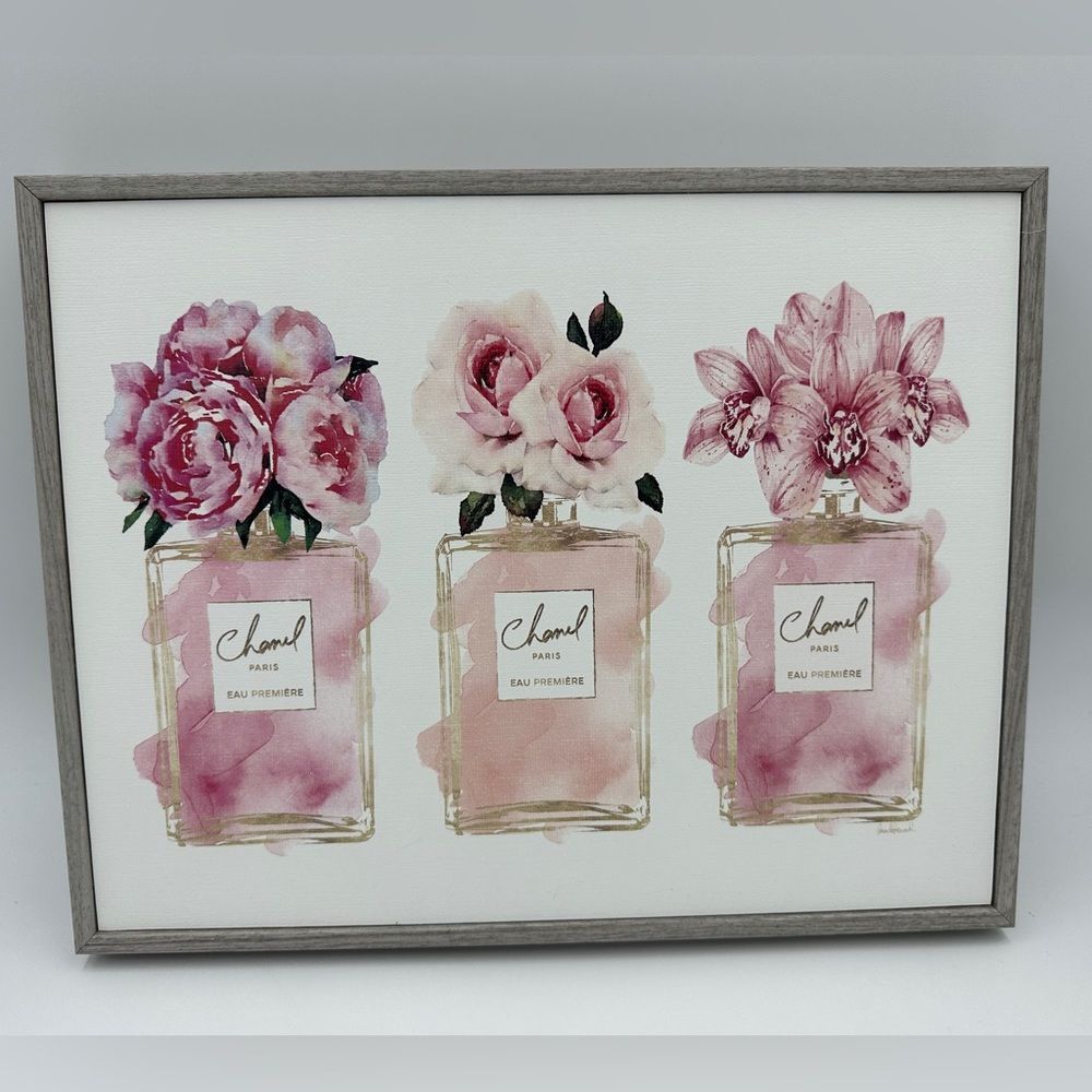 NEW!! Stupell Flowers and Perfumes Watercolor, 11 x 1.5 x 14, Grey Framed